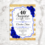 Surprise 40th Birthday - Gold White Royal Blue Kaart<br><div class="desc">Verrassende uitnodiging van 40e verjaardag. Feminine wit,  koninklijk blauw ontwerp met faux glitter Gold. Met bijvoegsels,  blauw roos,  scriptlettertype en confetti. Ideaal voor een elegant verjaardagsfeestje. Kan op elke leeftijd aan het show worden aangepast. Bericht me als u verdere aanpassing nodig hebt.</div>