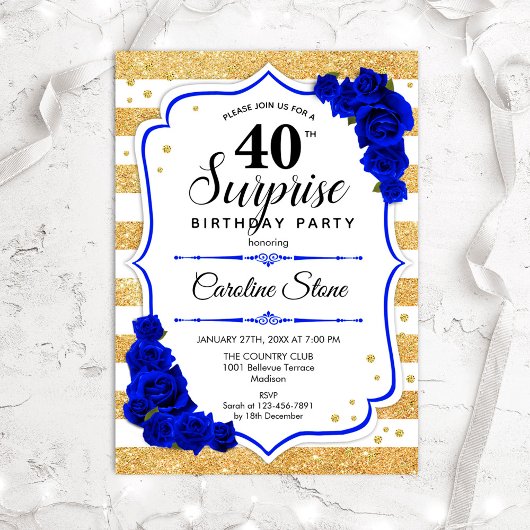 Surprise 40th Birthday - Gold White Royal Blue Kaart