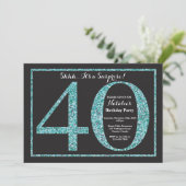 Surprise 40th Birthday Invitation Blauwgroen Glitt Kaart (Staand voorkant)