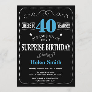 Surprise 40th Birthday Invitation Blue en Black Kaart