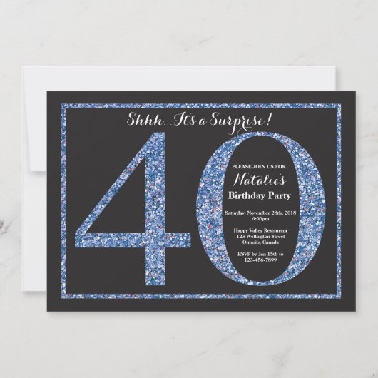Surprise 40th Birthday Invitation Blue Glitter Kaart (Voorkant)