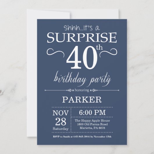 Surprise 40th Birthday Invitation Blue Kaart (Voorkant)