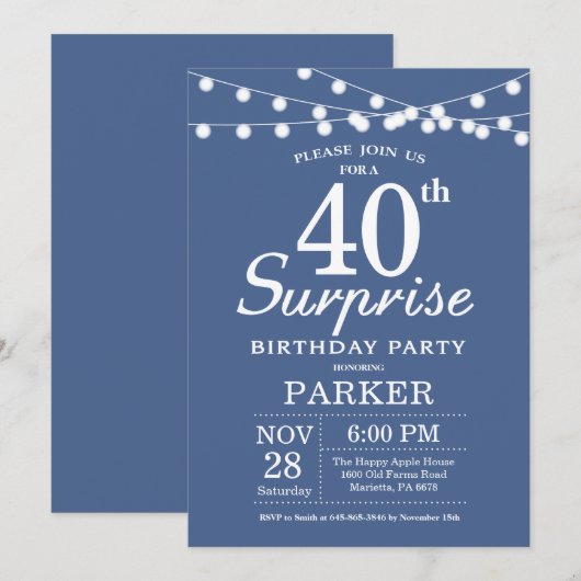 Surprise 40th Birthday Invitation Blue Kaart (Voorkant / Achterkant)