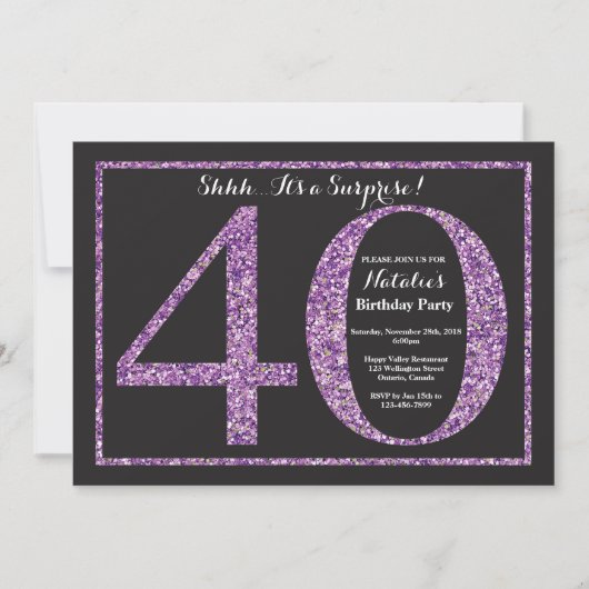 Surprise 40th Birthday Invitation Paarse Glitter Kaart (Voorkant)