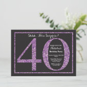 Surprise 40th Birthday Invitation Paarse Glitter Kaart (Staand voorkant)
