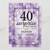 Surprise 40th Birthday Invitation Paarse Glitter Kaart (Voorkant / Achterkant)