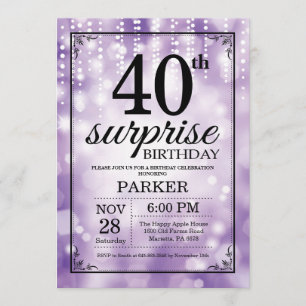 Surprise 40th Birthday Invitation Paarse Glitter Kaart