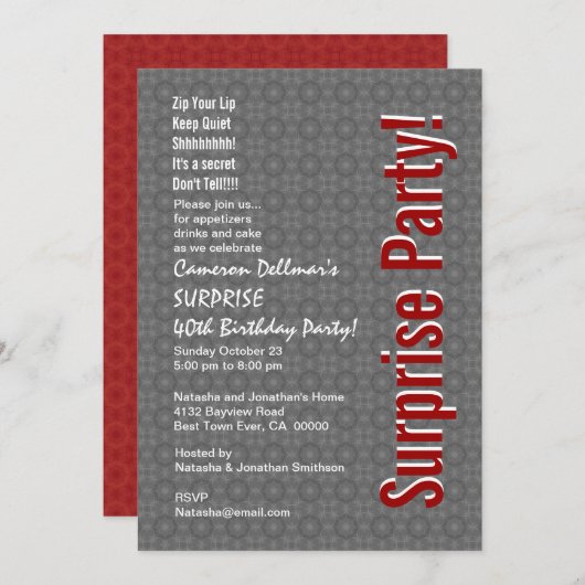 SURPRISE 40th Birthday Modern Grey and Red H431 Kaart (Voorkant / Achterkant)