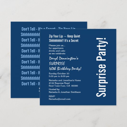 SURPRISE 40th Birthday Modern Navy Blue D459 Kaart (Voorkant / Achterkant)