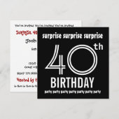 SURPRISE 40th Birthday Party Black White Sjabloon Kaart (Voorkant / Achterkant)