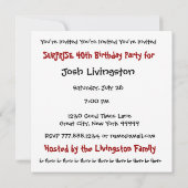 SURPRISE 40th Birthday Party Black White Sjabloon Kaart (Achterkant)