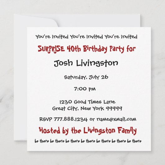 SURPRISE 40th Birthday Party Black White Sjabloon Kaart (Achterkant)