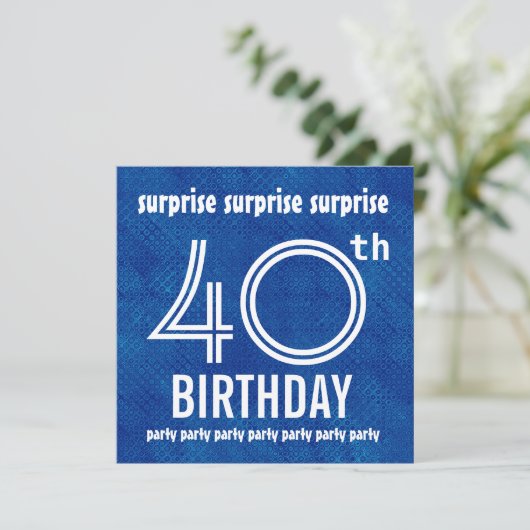 SURPRISE 40th Birthday Party Blue White H421 Kaart (Staand voorkant)