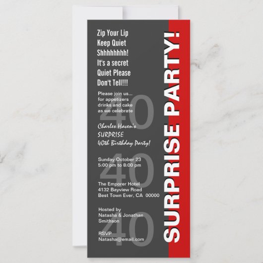 SURPRISE 40th Birthday Party Modern Grey Red V3 Kaart (Voorkant)