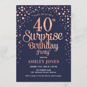 Surprise 40th Birthday Party - Navy & Roos Gold Kaart