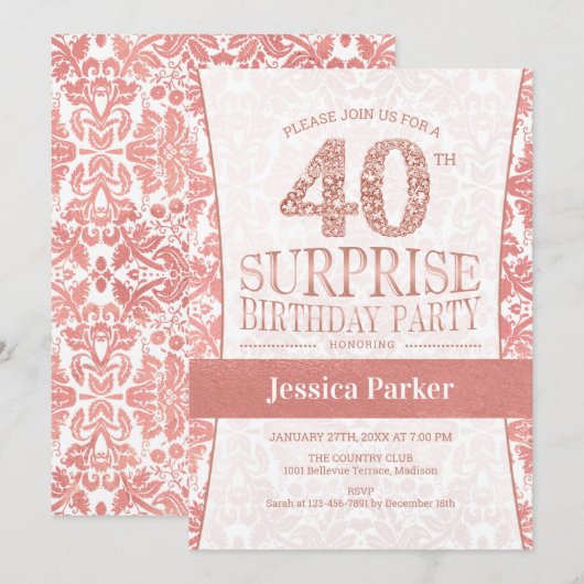 Surprise 40th Birthday Party - Roos Gold Wit Kaart (Voorkant / Achterkant)