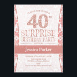 Surprise 40th Birthday Party - Roos Gold Wit Kaart<br><div class="desc">Surprise 40th Birthday Party Invitation in wit en roos goud. Elegante uitnodigingskaart met faux glitter roos en diamanten. Klassiek ontwerp perfect voor een stijlvol feest. Stuur me een bericht als je een aangepaste leeftijd nodig hebt.</div>