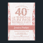 Surprise 40th Birthday Party - Roos Gold Wit Kaart<br><div class="desc">Surprise 40th Birthday Party Invitation in wit en roos goud. Elegante uitnodigingskaart met faux glitter roos en diamanten. Klassiek ontwerp perfect voor een stijlvol feest. Stuur me een bericht als je een aangepaste leeftijd nodig hebt.</div>