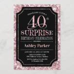 Surprise 40th Birthday Party - Roos Gold Zwart Kaart<br><div class="desc">Verrassing 40e verjaardag viering uitnodiging. Elegant stijlvol ontwerp in zwart en faux glitter roos gouden motief. Beschikt over een elegant scriptlettertype. Stuur me een bericht als je verder moet worden aangepast.</div>