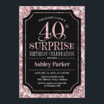 Surprise 40th Birthday Party - Roos Gold Zwart Kaart<br><div class="desc">Verrassing 40e verjaardag viering uitnodiging. Elegant stijlvol ontwerp in zwart en faux glitter roos gouden motief. Beschikt over een elegant scriptlettertype. Stuur me een bericht als je verder moet worden aangepast.</div>