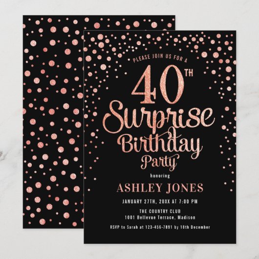 Surprise 40th Birthday Party - Zwart & Roos Goud Kaart (Voorkant / Achterkant)