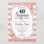 Surprise 40th Birthday - Roos Goud Wit Roze Kaart<br><div class="desc">Verrassing 40e verjaardag uitnodiging. Vrouwelijk wit,  roze ontwerp met faux glitter roos goud. Beschikt over strepen,  blush roze rozen,  script lettertype en confetti. Perfect voor een elegant verjaardagsfeestje. Kan worden gepersonaliseerd om elke leeftijd te shows. Stuur me een bericht als je verder moet worden aangepast.</div>