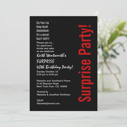 SURPRISE 40th Birthday Trendy Black White Red Kaart (Staand voorkant)