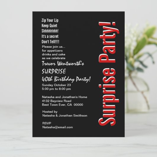 SURPRISE 40th Birthday Trendy Black White Red Kaart (Staand voorkant)
