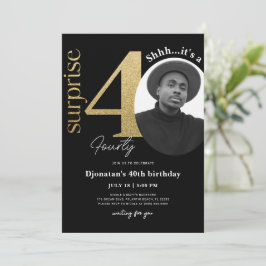 Surprise 40th Black Gold Birthday Invitation Foto Kaart