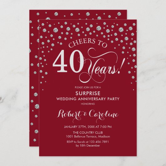 Surprise 40th Jubileum Party - Red Silver Kaart (Voorkant / Achterkant)