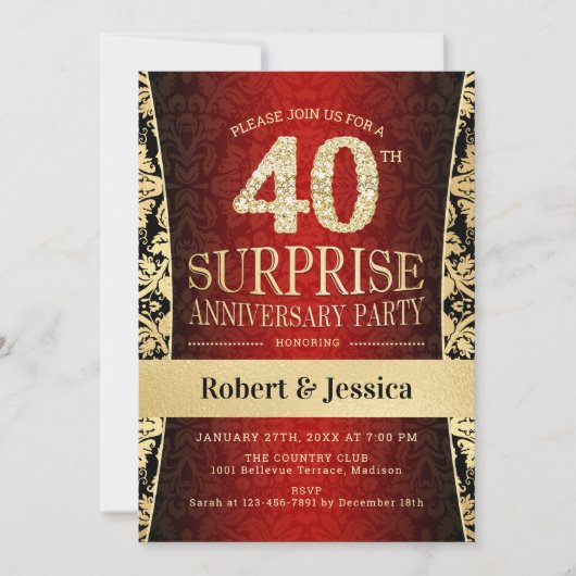 Surprise 40th Jubileum Party - Rood Goud Zwart Kaart (Voorkant)
