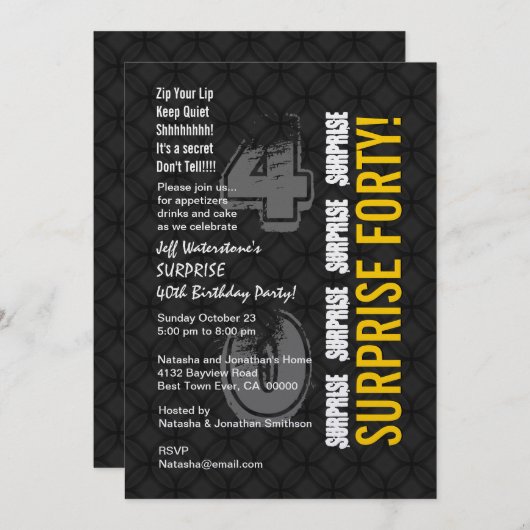 SURPRISE 40th Modern Birthday Black en Gold V001 Kaart (Voorkant / Achterkant)