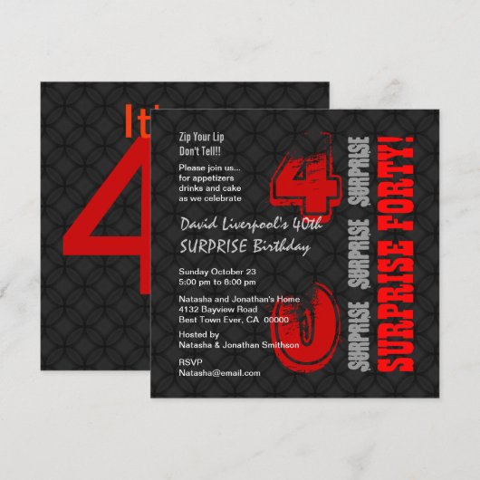 SURPRISE 40th Modern Birthday Black Red W588 Kaart (Voorkant / Achterkant)