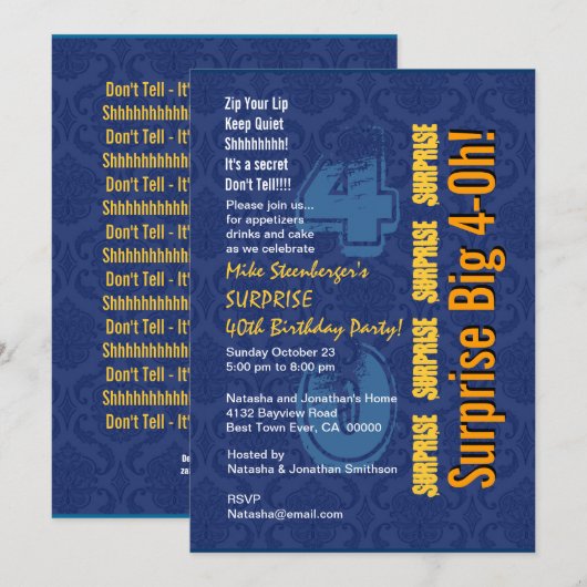 SURPRISE 40th Modern Birthday Blue en Gold R431 Kaart (Voorkant / Achterkant)