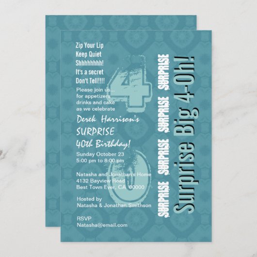 SURPRISE 40th Modern Birthday Blue en White V15 Kaart (Voorkant / Achterkant)