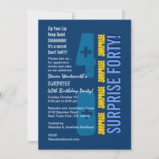 SURPRISE 40th Modern Birthday Blue Gold Sjabloon Kaart (Voorkant)