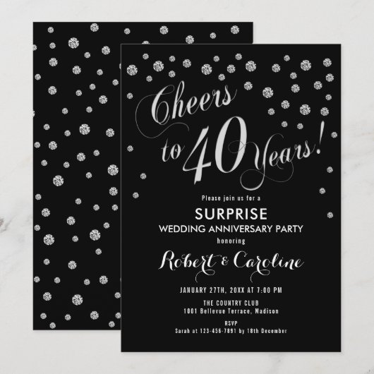 Surprise 40th Wedding Jubileum - Zwart & Zilver Kaart (Voorkant / Achterkant)