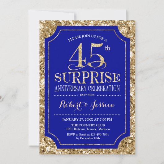 Surprise 45e trouwdag - Blauw Goud Kaart (Voorkant)