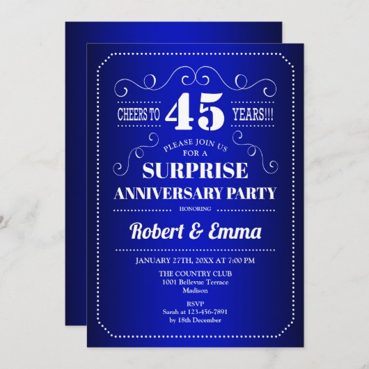 Surprise 45th Jubileum Party - Sapphire Blue Kaart (Voorkant / Achterkant)