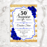 Surprise 50th Birthday - Gold White Royal Blue Kaart<br><div class="desc">Verrassende uitnodiging van 50e verjaardag. Feminine wit,  koninklijk blauw ontwerp met faux glitter Gold. Met bijvoegsels,  blauw roos,  scriptlettertype en confetti. Ideaal voor een elegant verjaardagsfeestje. Kan op elke leeftijd aan het show worden aangepast. Bericht me als u verdere aanpassing nodig hebt.</div>