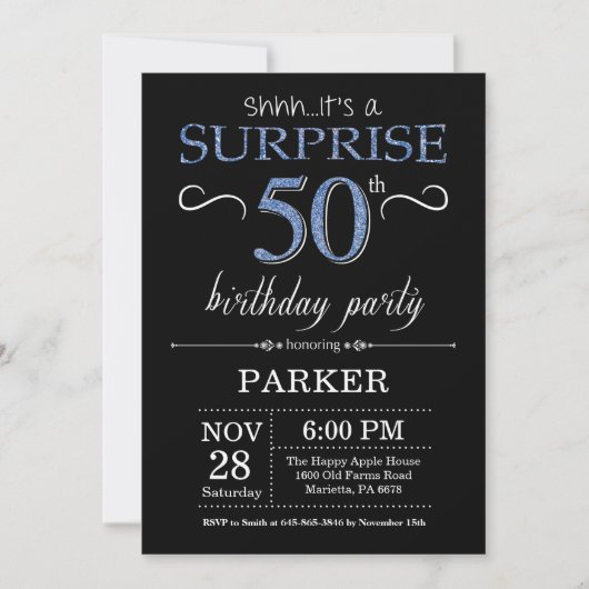 Surprise 50th Birthday Invitation Black and Blue Kaart (Voorkant)