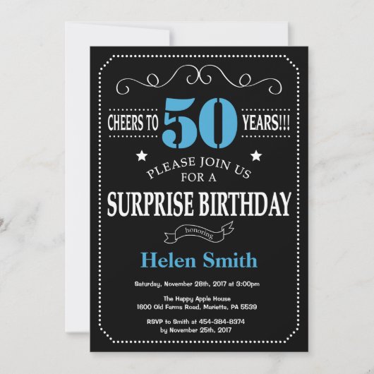 Surprise 50th Birthday Invitation Blue en Black Kaart (Voorkant)