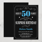Surprise 50th Birthday Invitation Blue en Black Kaart (Voorkant / Achterkant)