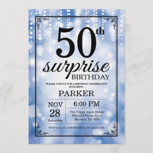 Surprise 50th Birthday Invitation Blue Glitter Kaart