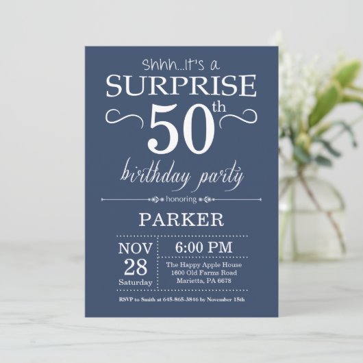 Surprise 50th Birthday Invitation Blue Kaart (Staand voorkant)