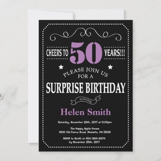 Surprise 50th Birthday Invitation Paars and Black Kaart (Voorkant)