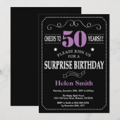 Surprise 50th Birthday Invitation Paars and Black Kaart (Voorkant / Achterkant)