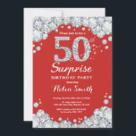 Surprise 50th Birthday Invitation Silver Diamond Kaart<br><div class="desc">Verrassende uitnodiging van 50e verjaardag. Rood en zilver Rhinestone Diamond Rood Achtergrond. Elegant Birthday Bash nodigt uit. Volwassen verjaardag. Vrouwendag. Mannen op zaterdag. Voor verdere aanpassing,  te klikken gelieve de knoop "van de Aanpassing het"en ons ontwerphulpmiddel te gebruiken om deze sjabloon te wijzigen.</div>