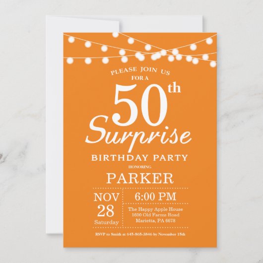 Surprise 50th Birthday Invitation Sinaasappel Kaart (Voorkant)