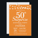 Surprise 50th Birthday Invitation Sinaasappel Kaart<br><div class="desc">Verrassend 50th Birthday Uitnodiging met de Lichten van het Koord. Oranje achtergrond. Mannen of vrouwen op zaterdag. 13e 15e 16e 18e 21e 30e 40e 50e 60e 70e 90e 100e, elke leeftijd. Voor verdere aanpassing, te klikken gelieve de knoop "van de Aanpassing het"en ons ontwerphulpmiddel te gebruiken om deze sjabloon te...</div>